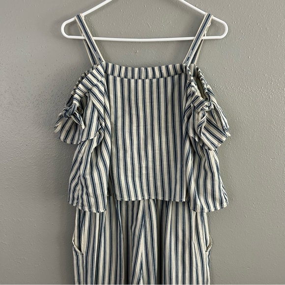 Madewell Coastal White Blue Striped Cold-Shoulder Wide Leg Jumpsuit Size S Linen - Picture 8 of 11